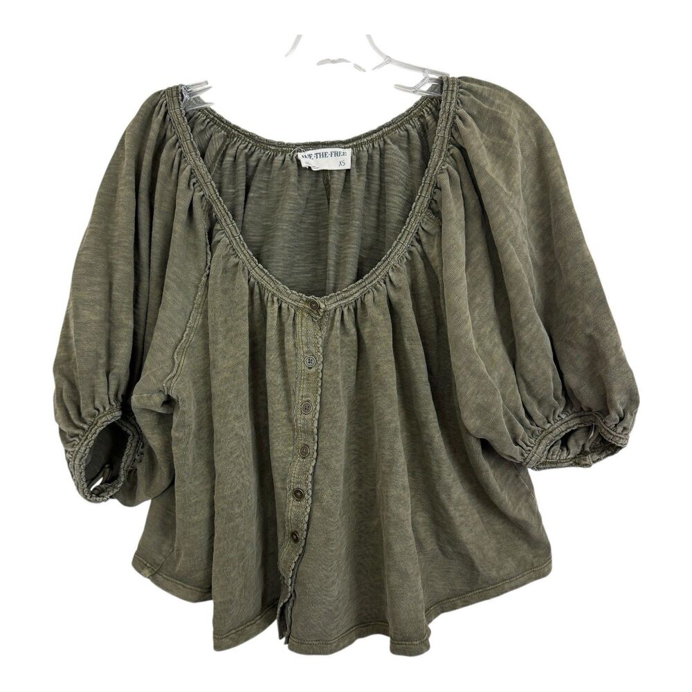 We The Free People Sunset Crop Top XS Oversized Olive Green Short Sleeve Boho